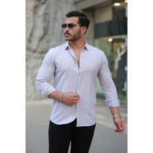 Erkek Çizgi Desenli Uzun Kollu Pamuklu Keten Gömlek