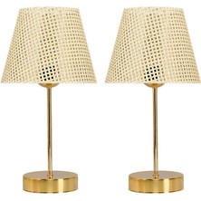 Star Gold Ayaklı Abajur Rattan Hasır Başlık Yatak Odası Salon Masa Lambası 2 Adet