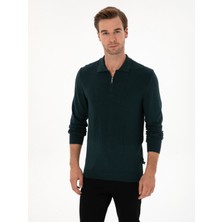 Cacharel Erkek Koyu Yeşil Regular Fit Yün Karışımlı Fermuarlı Polo Yaka Triko Kazak 50311854-VR079