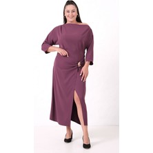 Kadın Mürdüm Aksesuar Detay Midi Davet Elbise