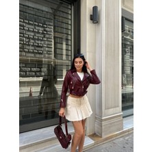 Kadın Kısa Crop Suni Deri Biker Ceket – Bordo