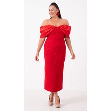 Kadın Kırmızı Kayık Yaka Incili Söz Nişan Nikah Abiye Elbise