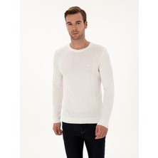 Cacharel Erkek Ekru Slim Fit Pamuk Karışımlı Bisiklet Yaka Triko Kazak 50318868-VR019