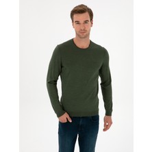 Cacharel Erkek Haki Slim Fit Yün Karışımlı Bisiklet Yaka Basic Triko Kazak 50315266-VR027
