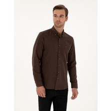 Cacharel Erkek Koyu Kahverengi Slim Fit Pamuk Karışımlı Yakası Düğmeli Flanel Gömlek 50318243-VR084