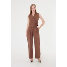 Kadın Yandan Bağlamalı Asimetrik Kahverengi Yelek Takım