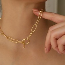 Nox Jewelry 925 Ayar Gümüş Altın Kaplama Çubuk Kilit Detaylı Kalın Zincir Hafif Kolye - CN00122