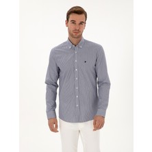 Cacharel Erkek Lacivert Slim Fit %100 Pamuk Yakası Düğmeli Çizgili Oxford Gömlek 50317994-VR033