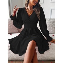 Gökyüzü Moda Kadın Uzun Kollu Kruvaze Yakalı Mini Sandy Elbise