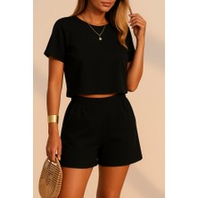 Nidam Butik Kadın Kısa Kollu Yuvarlak Yakalı Ithal Keten Bluz ve Short Ikili Takım