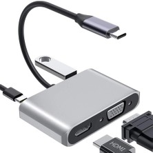 Type-C HDMI VGA USB 3.0 Type 4in1 Video Dönüştürücü Veri Aktarıcı USB Adaptör Notebook ve Macbook ile Uyumlu Gri Tc-26