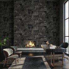Geometrik Taş Desenli Duvar Kağıdı, Koyu Gri Siyah 16,5 M², Silinebilir  - Roka 23106-5