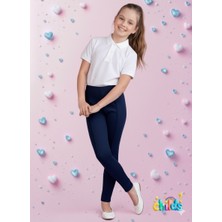Çelik Interlok Lacivert Pamuklu Likralı Kız Çocuk Nervür Dikişli Okul Için Pantolon Tayt