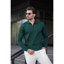 Nefti Yeşili Polo Yaka Fermuarlı Erkek Kazak E7427