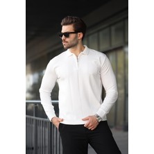 Beyaz Polo Yaka Fermuarlı Erkek Kazak E7427