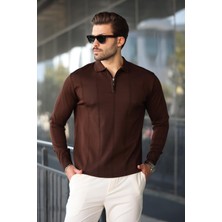 Kahverengi Polo Yaka Fermuarlı Erkek Kazak E7427