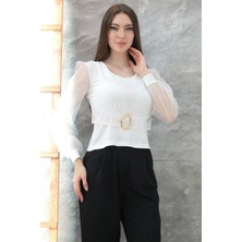 Tokalı Tül Kollu Bluz Beyaz T4071
