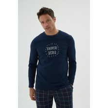 Erkek Uzun Kol Desenli Ekose Alt Lacivert Pijama Takımı C1T3N69