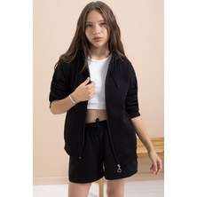 Siyah Kız Çocuk Şardonlu Kapüşonlu Hırka 21518