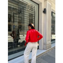 Kırmızı Suni Deri Biker Ceket - Kadın