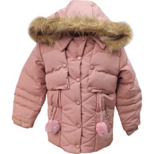 Kız Çocuk Önü Fermuarlı ve Çıt Çıtlı Ponpon Detaylı Çıkarılabilir Tüylü Kapüşonlu Peluş Astarlı Mont 3018