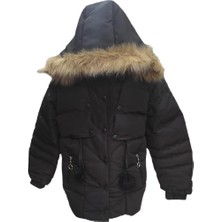 Kız Çocuk Önü Fermuarlı ve Çıt Çıtlı Ponpon Detaylı Çıkarılabilir Tüylü Kapüşonlu Peluş Astarlı Mont 3018