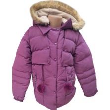 Kız Çocuk Önü Fermuarlı ve Çıt Çıtlı Ponpon Detaylı Çıkarılabilir Tüylü Kapüşonlu Peluş Astarlı Mont 3018