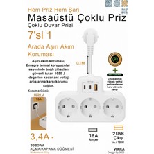Çoklu Priz 3’lü + 1 Usb+ 2 Type-C | 0.1 Uzatma Kablolu, Akım Korumalı Anahtarlı Priz | 3680W