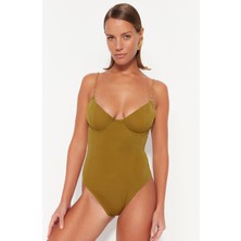 Haki Balenli Zincir Aksesuarlı High Leg Mayo