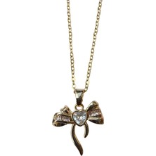 Altın Renk Kalp Fiyonk Beyaz Taş Sf Zincir Çelik Kolye - 3654