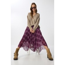 Desenli Kırışık Efektli Midi Şifon Etek LNS0082 Mürdüm