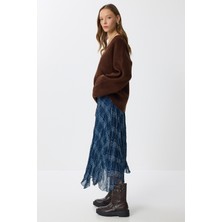 Desenli Kırışık Efektli Midi Şifon Etek LNS0082 Lacivert