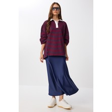 Happiness İstanbul Uzun Saten Etek LGK0008 Lacivert Kadın Dokuma Kumaş Elastik Bel 95 cm Uzunluk