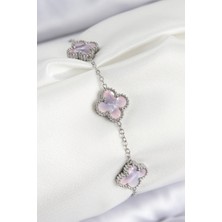 316L Çelik Sedefli Lila Gümüş Renk Yonca Kadın Bileklik