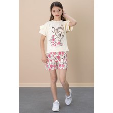 Krem Fırfır Detaylı Tişörtlü Çiçek Baskılı Şortlu Kız Çocuk Takım 21100