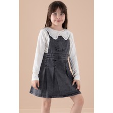 Siyah Jean Salopetli ve Dantel Badili Kız Çocuk 2'li Takım