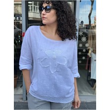 Kadın Keten Bluz Yuvarlak Yakalı Aplike Pullu Papatya Desenli 3/4 Kollu Oversize %100PAMUK