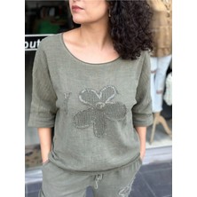 Kadın Keten Bluz Yuvarlak Yakalı Aplike Pullu Papatya Desenli 3/4 Kollu Oversize %100PAMUK