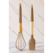 2'li Isıya Dayanıklı Yanmaz Yapışmaz Bambu Saplı Servislik Metal Çırpma Teli-Silikon Yumurta Fırçası