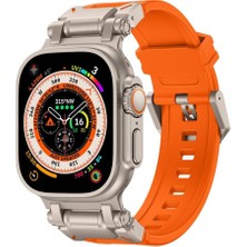 Ile Uyumlu Watch Ultra 49MM KRD-101 Titanyum Metal Başlıklı Silikon Kordon Turuncu-Titanyum