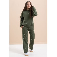 Yeşil Kız Çocuk Desenli 3 Iplik Şardonlu Geniş Paça Eşofman Takımı 22647