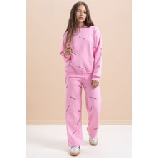 Pembe Kız Çocuk Desenli 3 Iplik Şardonlu Geniş Paça Eşofman Takımı 22643