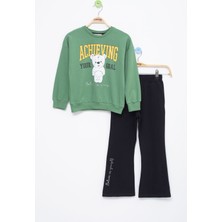 Yeşil Ayıcık Baskılı Ispanyol Paça Pantolonlu Kız Çocuk Takım 18572