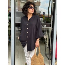 Kadın Gömlek Oversize Hakim Yaka Yarasa Kol Premium Keten Kumaş %100 Pamuk