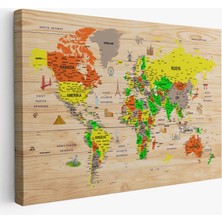  Ahşap Görünümlü Türkçe Dünya Haritası Sembollü Eğitici Dekoratif Kanvas Tablo 2893