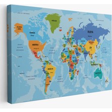  Türkçe Dünya Haritası Ülke Başkentli ve Okyanuslu Dekoratif Kanvas Tablo 2260