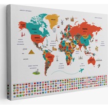  Türkçe Dünya Haritası Ülke Bayrak ve Başkentli Kanvas Tablo 1922