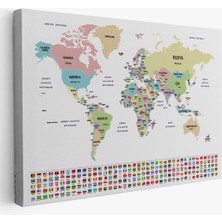  Türkçe Dünya Haritası Kanvas Tablo Ülke Bayraklı ve Dekoratif 2384