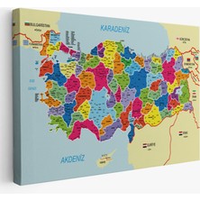  Türkiye Haritası Kanvas Tablo Il ve Ilçeli Ayrıntılı Eğitici Komşulu Dekoratif Tablo 3005