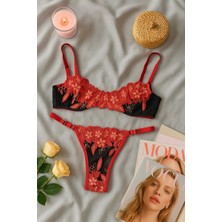 ❤️ Kırmızı Çiçek Işlemeli Transparan Dantel Sütyen Külot Takımı